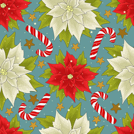 Christmas and New year festive seamless pattern for wrapping paper or fabric with different elemets. Fashionable vintage style.のイラスト素材