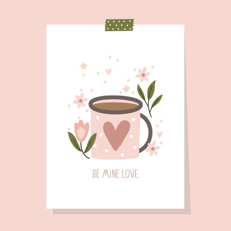 Greeting card for Valentine's Day with flowers and coffee cup. Vector illustrationのイラスト素材