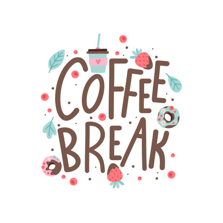 Summer card with hand lettering "Coffee Break". Images of coffee, donuts, flowers and various elements.のイラスト素材
