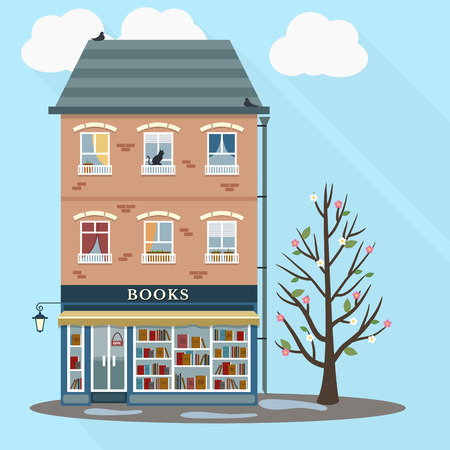 Spring. Flat style retro house with books shop on first floor. Vector illustration.のイラスト素材