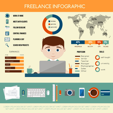 Freelance infographic. Home business statistic.  Flat style vector illustration.のイラスト素材