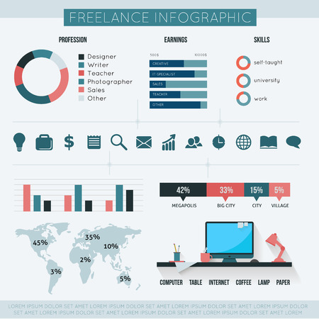 Freelance infographic. Home business statistic.  Flat style vector illustration.のイラスト素材