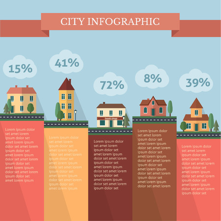 City infographic with street and houses. Flat style vector illustration.のイラスト素材