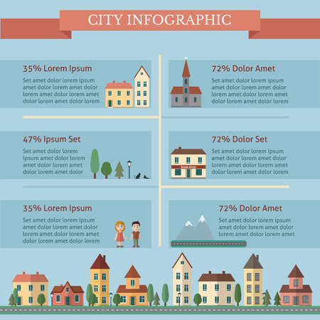 City infographic with street and houses. Flat style vector illustration.のイラスト素材