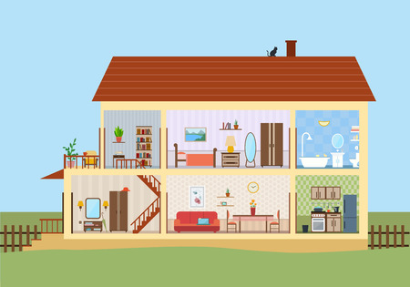 House in cut. Detailed modern house interior. Rooms with furniture.  Flat style vector illustration.のイラスト素材