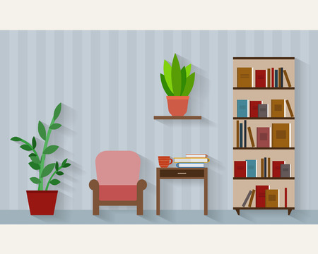 Book shelf and chair with lamp. Flat style vector illustration.のイラスト素材