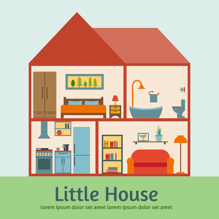 House in cut. Detailed modern house interior. Rooms with furniture.  Flat style vector illustration.のイラスト素材