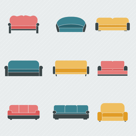 Sofa icons set. Furniture for living room. Flat style vector illustration.のイラスト素材