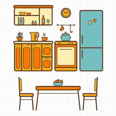 Kitchen with furniture and long shadows. Flat  outline style vector illustration.のイラスト素材