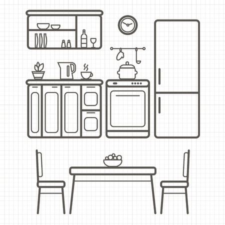 Kitchen with furniture and long shadows. Flat style vector illustration.のイラスト素材