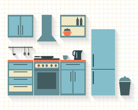 Kitchen with furniture and long shadows. Flat style vector illustration.のイラスト素材