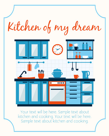 Kitchen with furniture and long shadows. Flat style vector illustration.のイラスト素材