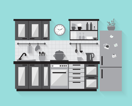 Kitchen with furniture and long shadows. Flat style vector illustration.のイラスト素材