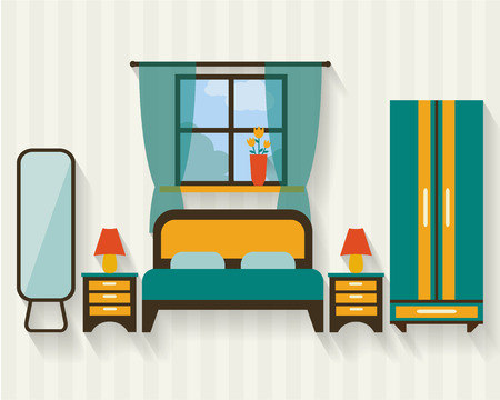 Bedroom with furniture and long shadows. Flat style vector illustration.のイラスト素材