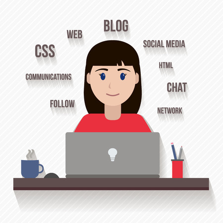 People avatars in flat style. Woman with computer. Vector illustration.