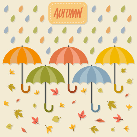 Autumn items. Umbrellas, rain drops and leaves. Flat style vector illustration.のイラスト素材
