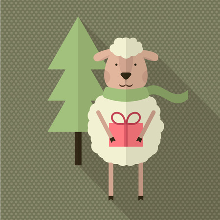 Sheep with gift and tree. Flat style vector illustration.のイラスト素材