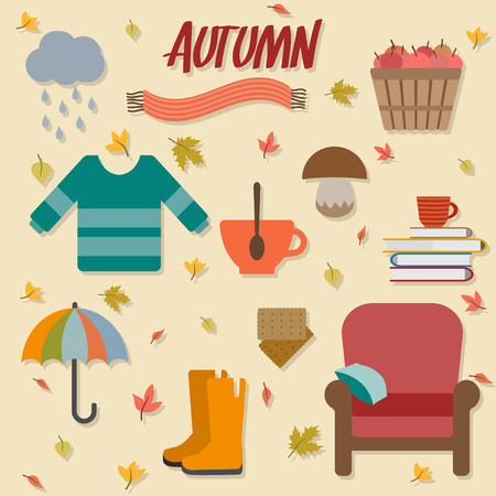 Autumn objects. Sweater and cup of tea, chair, books and other. Flat style vector illustration.のイラスト素材