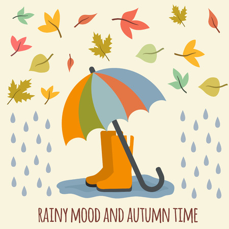Umbrella, rubber boots, rain drops and autumn leaves. Flat style vector illustration.のイラスト素材