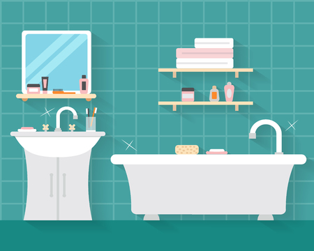 Bathroom with furniture and long shadows. Flat style vector illustration.のイラスト素材