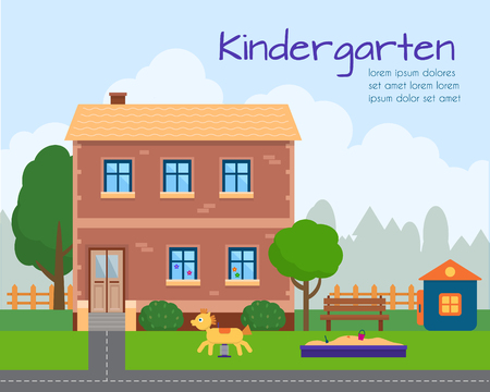 Kindergarten building with kids playground. Buildings for city construction. Set of elements to create urban background, village and town landscape.  Flat style vector illustration.のイラスト素材
