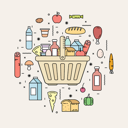 Shopping basket with food products from the store. Line style vector illustration.のイラスト素材