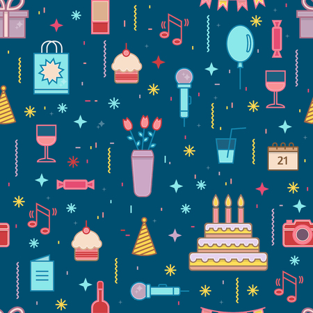 Happy Birthday seamless pattern. Line style vector illustration.のイラスト素材