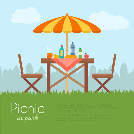 Outdoor picnic in park. Table with chairs and umbrella. Flat style vector illustration.の販売画像