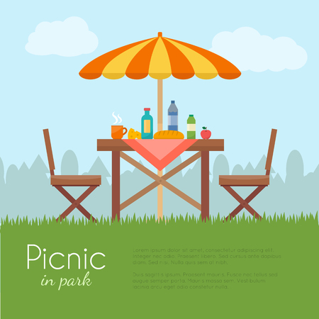 Outdoor picnic in park. Table with chairs and umbrella. Flat style vector illustration.のイラスト素材