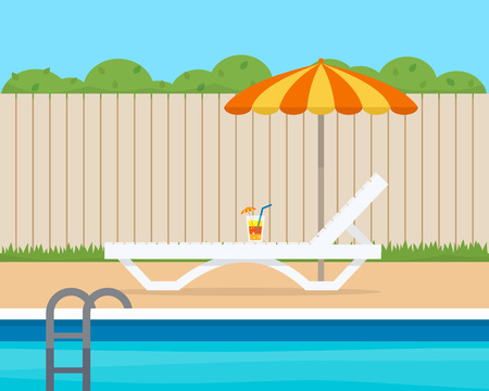 Lounge with umbrella near the pool on house backyard. Flat style vector illustration.のイラスト素材