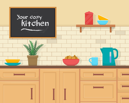 Kitchen with furniture set. Cozy kitchen interior with table, cupboard and dishes. Flat style vector illustration.のイラスト素材