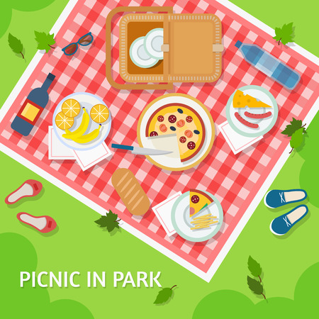 Picnic in park with a basket, food and cutlery on red gingham, top view. Flat style vector illustration.のイラスト素材