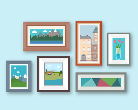 Pictures gallery in frame on room wall. Interior elements. Flat style vector illustration.のイラスト素材