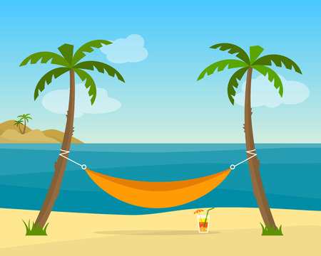 Hammock with palm trees on beach. Cocktail near the hammock. Tropical background with sea. Flat style vector illustration.のイラスト素材