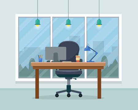 Workplace in office. Cabinet with workspace with table and computer with big window. Big boss office. Flat style vector illustration.のイラスト素材