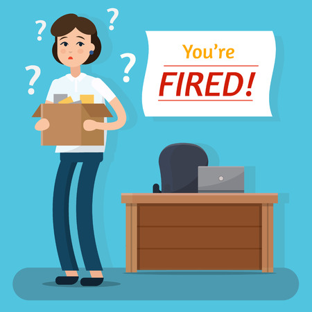 Dismissed woman. Fired from job. Box with office things. Flat style vector illustration.のイラスト素材