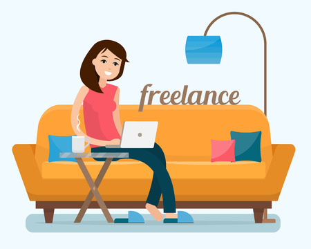 Freelancer woman with computer on sofa at home. Flat style vector illustration.のイラスト素材
