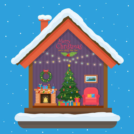 Christmas house in cut with snow. House interior with a furniture, fireplace, christmas tree, gifts, lights, decorations. Flat style illustration.のイラスト素材