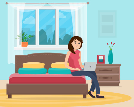 Freelancer woman with computer on bedのイラスト素材