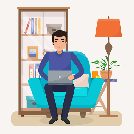 Freelancer man with computer on chairのイラスト素材