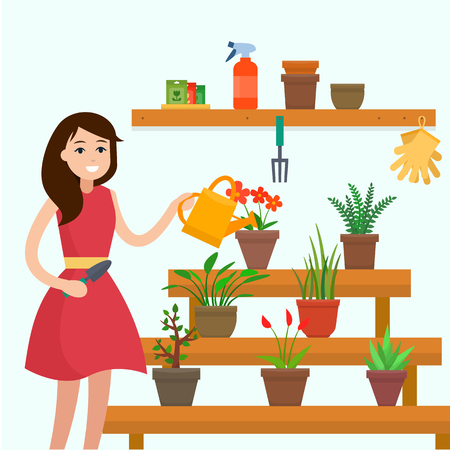 Girl watering house plants on window.のイラスト素材