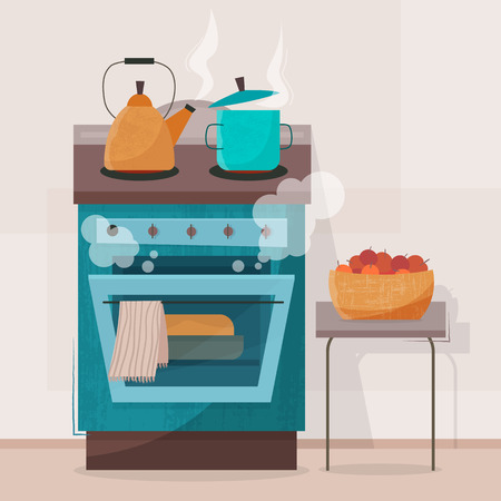 Stove in kitchen. Oven with dishesのイラスト素材