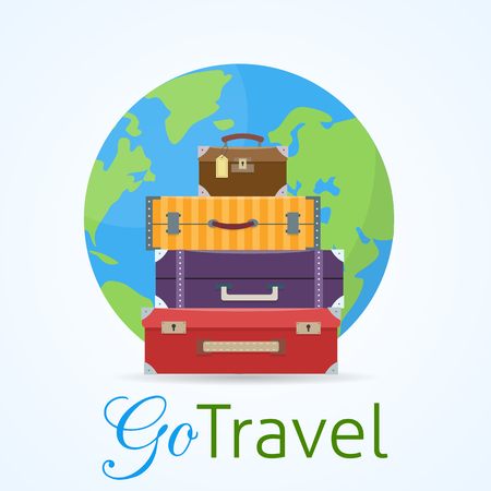 Baggage, luggage, suitcases on trolley with earth planet on background.のイラスト素材