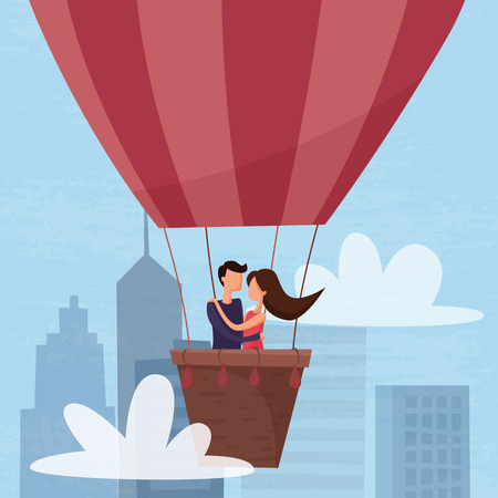 Love couple flying on air balloon in the sky above the city.のイラスト素材