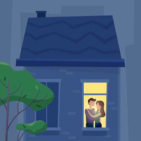 Love couple in illuminated window in the evening.のイラスト素材
