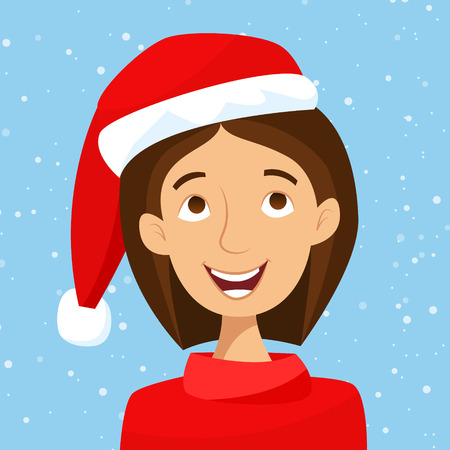 Girl in Santa hat. Merry Christmas. Flat cartoon styleのイラスト素材