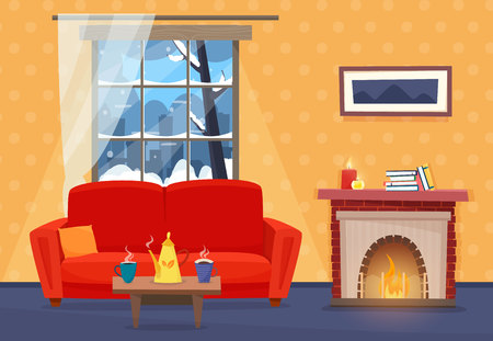 Living room with furniture. Cozy interior with sofa, window with winter landscape and fireplace.のイラスト素材