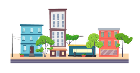 Houses on street with road in city. Cityscape.の写真素材