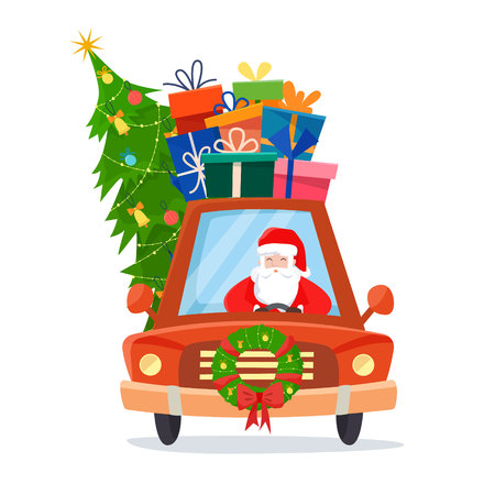 Chrismas car with Santa Claus as the driver with gifts, tree and decorations. Flat cartoon style vector illustration.のイラスト素材