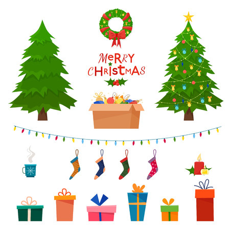 Christmas set wit decorative winter objects - toys, gift boxes, balls, garlands, socks, wreath, xmas trees isolated on white background. Flat cartoon style vector illustration.のイラスト素材